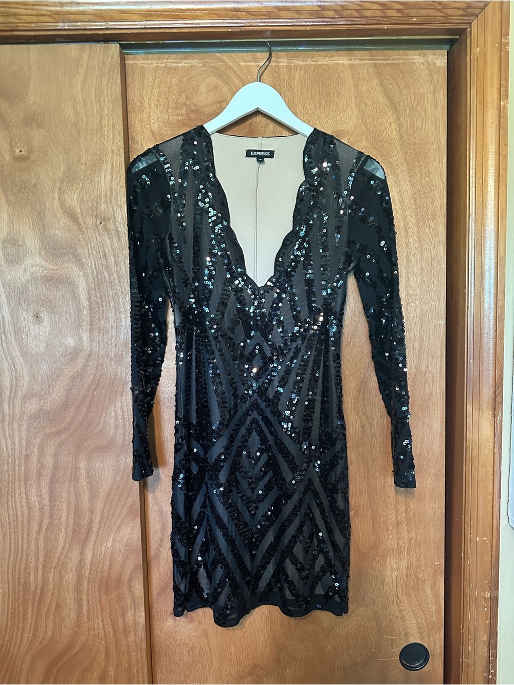 Express Black Sequin Cocktail Dress Small Petite Art Deco Long Sleeve Mini